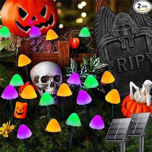 2PK 55FT 32LED Orange and Green Solar Mushroom Lights Outdoor, Solar String - Picture 7 of 7
